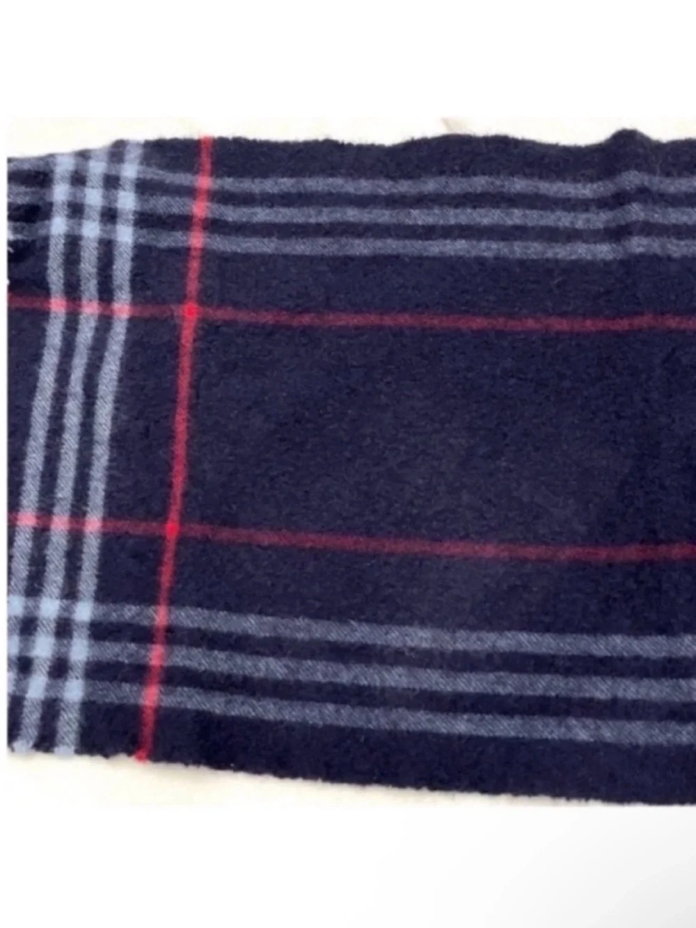 Burberry Men's Navy Plaid Scarf with Red & Gray Stripes